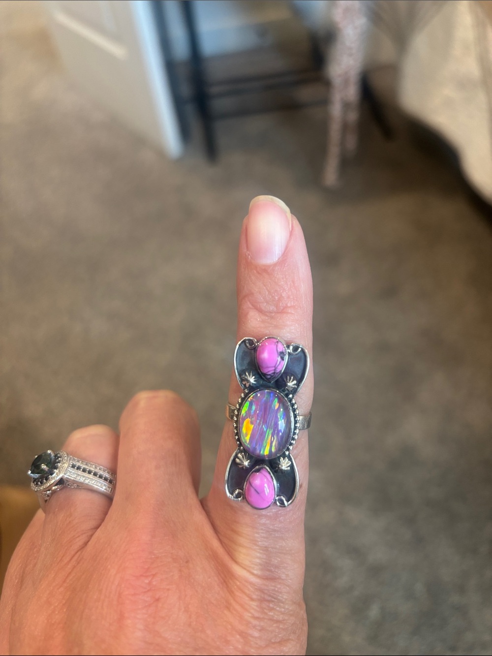Sterling Silver Pink Dahlia & Aurora Opal Statement Ring